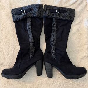 NEW Naturalizer | Trinity Black Suede Shearling-Trim Tall Heel Boots | Wide Calf